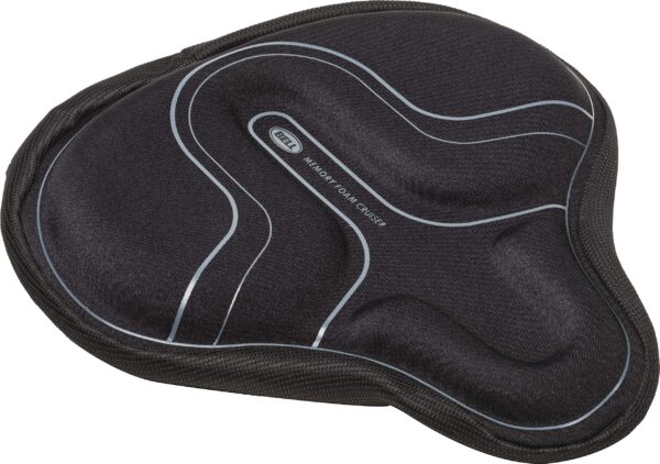 Bell Memory Foam Cruiser Bicycle Seat Pad black one size Soft Memory Foam padding Ergonomic comfort channel Anti Slip base Drawstring Enhance your biking experience with the Bell Memory Foam Cruiser Bicycle Seat Pad. Featuring soft memory foam padding and an ergonomic comfort channel, this seat pad offers optimal comfort and pressure relief. The anti-slip base ensures minimal sliding, while the drawstring secures it firmly in place. Compatible with most traditional cruiser bike seats.