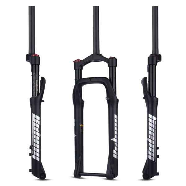 Bike Air Suspension Fork 26x4.0 Fat Snow Fork 120mm Travel 28.6mm Straight Lockout Thru Axle 15 135mm HIMALO Enhance your biking experience with this Fat Snow Bike Fork by HIMALO. 26-inch air suspension fork designed for beach and snow biking. Weighing about 2470g, this aluminum magnesium alloy fork offers a sturdy build for your adventures. Features include 1-1/8 straight front fork, thru axle 15X135mm, and disc brake column distance of 75mm. With an air suspension system providing effective 120mm travel and manual lockout for customizability, this fork is perfect for 26*4.0'' fat tire bikes. Upgrade your ride with this cost-effective and durable suspension fork.