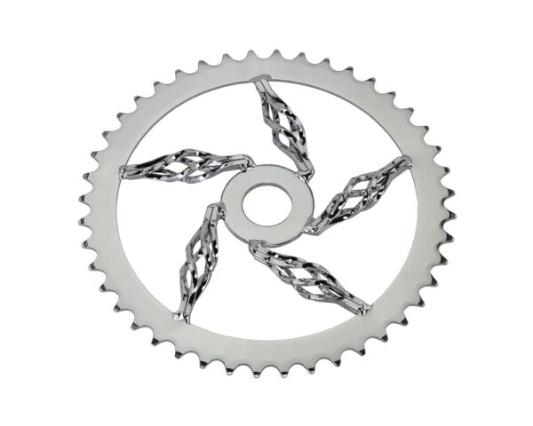 Bike Cage Twisted Steel Chainring 12 X 18 44t Chrome Lowrider Size Upgrade your bike with the Bike Cage Twisted Steel Chainring in Chrome by Lowrider. Featuring 44t teeth, 1/2 X 1/8 chain compatibility, and a stylish twisted cage design. Ride in style and durability.