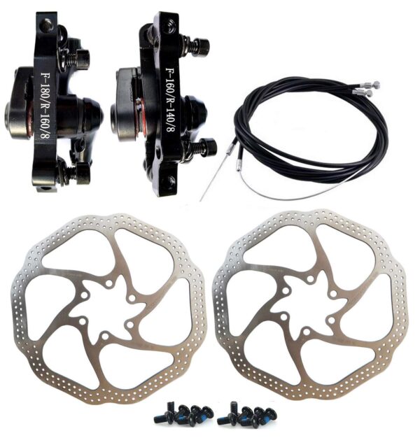 BlueSunshine HS1 Disc Brake Kit Mountain Bike Mechanical FrontRear 160mm Caliper Rotor BB5 BB7 Enhance your biking experience with the BlueSunshine HS1 Disc Brake Kit. This cable actuated mechanical brake kit includes TWO sets of calipers and rotors, specifically designed for front and rear wheels. Crafted with aluminum alloy calipers, 12 bolts, and 2 stainless steel HS1 160mm rotors, this kit offers smooth power modulation and easy adjustability. Compatible with linear pull brake levers, upgrade your bike's braking performance today!