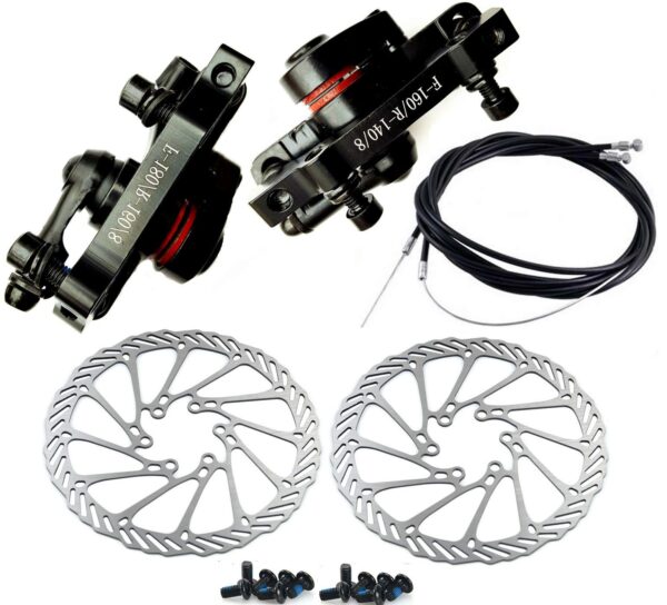 BlueSunshine MTB BB8 Mechanical Disc Brake Front and Rear 160mm Whit Bolts and Cable Size nan Upgrade your biking experience with the BlueSunshine MTB BB8 Mechanical Disc Brake. This cable actuated brake set includes TWO sets of calipers and rotors, ensuring smooth power modulation and easy adjustability. Experience top-notch performance with aluminum alloy calipers and stainless steel G3 160mm rotors. Perfect for use with linear pull brake levers, this set will elevate your biking adventures.