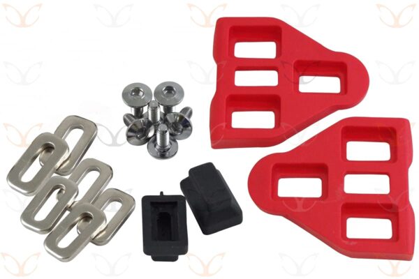 CarbonCycles Red Look Delta Compatible Pedal Cleats with Fittings Screws and Washers 9° Lateral Float Get the CarbonCycles Red Look Delta Compatible Pedal Cleats with Fittings, Screws, and Washers. Experience 9° lateral float with this pack including 2 cleats, 6 washers, 6 bolts, and 2 rubber plugs. Weighing 94g per pair. Product Code: CC-CLEAT02.