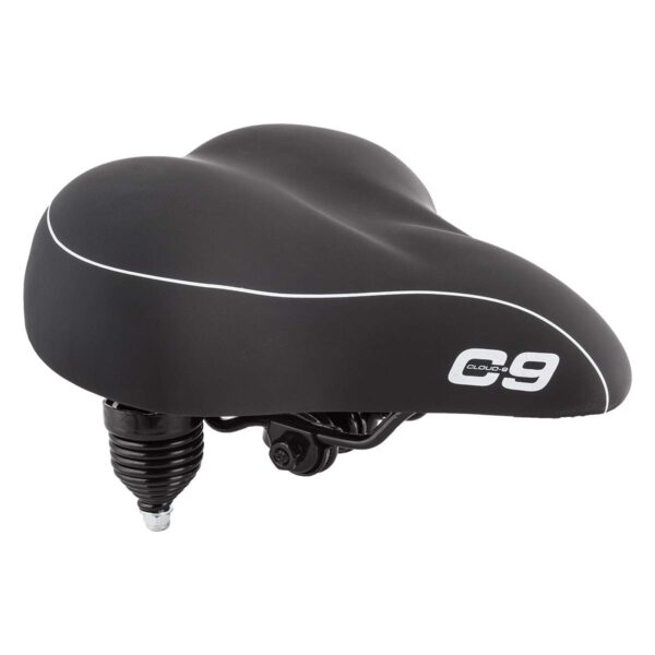 Cloud 9 Bicycle Suspension Cruiser Saddle Gel Foam Tri color Black 10 12 x 10 12 Upgrade your bike ride with the Cloud-9 Suspension Cruiser Saddle, offering ultimate comfort with dual-density gel foam padding and chrome coil spring suspension. Fits any standard seat post.