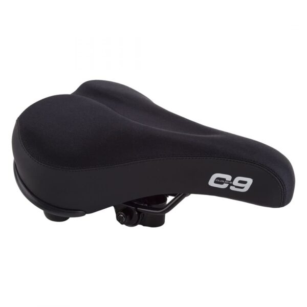 Cloud 9 Saddle C9 GF COMFT Men AR ES TC LY11x7.7 Black Lycra Experience ultimate comfort with the Cloud-9 Saddle. Featuring a 11' long x 7.75' wide design, multi-stage foam padding, anatomic relief, and elastomer spring suspension. Perfect for men seeking a luxurious ride.