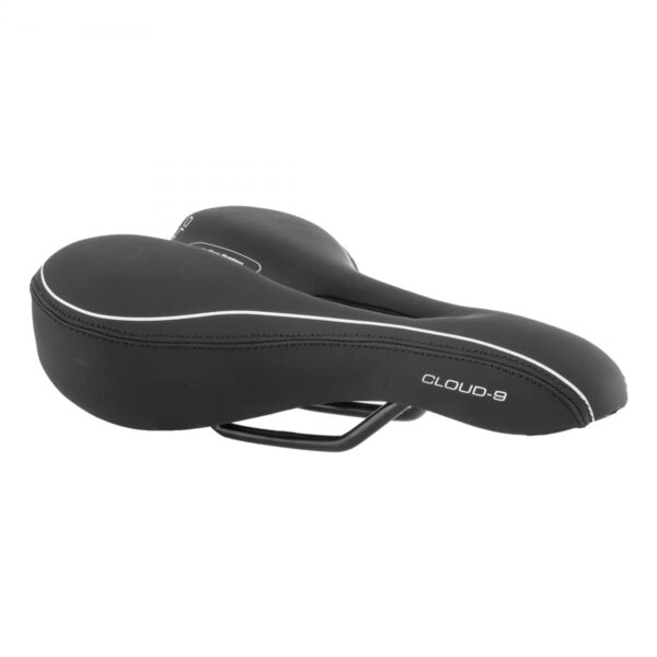 Cloud 9 Sport Select Mens Bicycle Saddle Black Ultimate Comfort Durable Anti Fatigue Comfort Cut Out Experience ultimate comfort with Cloud-9 Sport Select Mens Bicycle Saddle in Black. Ergonomic design with multi-stage memory foam for lasting durability. Steel rails absorb road vibrations, providing anti-fatigue support. Anatomically designed cut-out for sciatic and perineum nerve relief. Trusted Cloud-9 brand known for quality and durability.