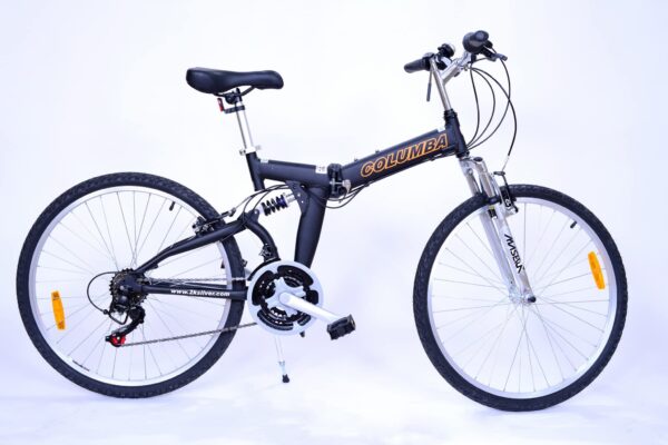 Columba 26 Inch Folding Bike with 18 Speed Double Suspension Alloy Frame Ride in style with the lightweight Columba 26-inch folding bike featuring 18 speeds and double suspension. Easily foldable for storage and transport, this bike is durable and versatile for various terrains.