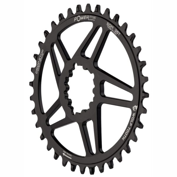 Components Drop Stop Elliptical Direct Mount Sram Flattop Chainring 38T Wolf Tooth Enhance your cycling experience with Wolf Tooth's PowerTrac Elliptical chainring. Boost power, traction, and efficiency. Made in the USA from premium 7075-T6 aluminum.