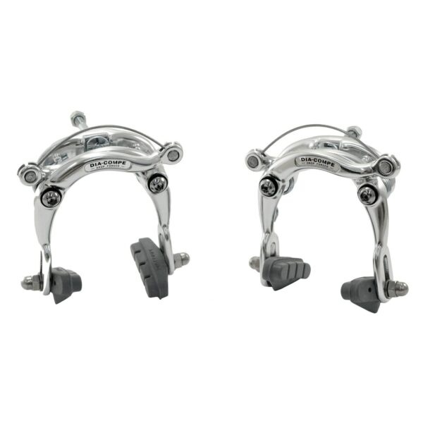 DIA COMPE DC750 Center Pull Caliper Brake Set Silver DP2502 Comfort Bike Size Upgrade your bike with the DIA-COMPE DC750 Center Pull Caliper Brake Set. Featuring cold forged aluminum arms in silver, designed for comfort bikes. Includes front and rear brakes in a sleek silver color. Get yours now!