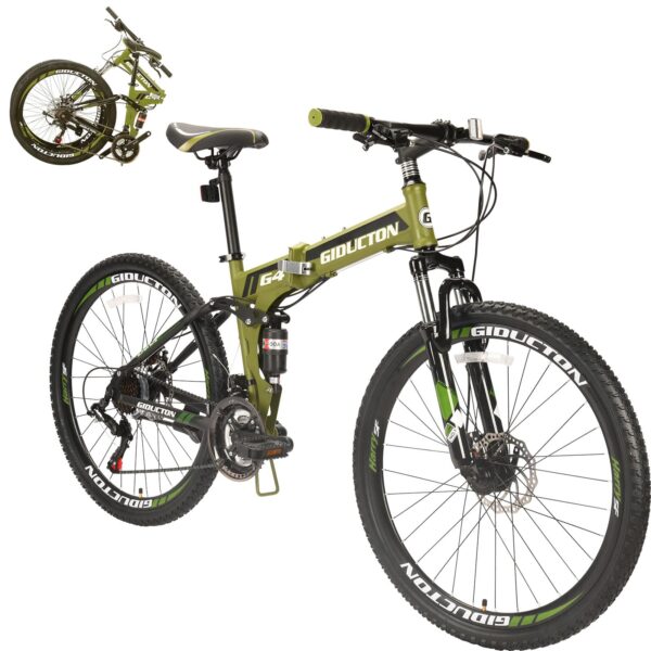 EUROBIKE 26 Full Suspension Folding Mountain Bike Dual Disc Brake 21 Speed Men Women Bikes Enjoy the convenience of EUROBIKE Folding Mountain Bike featuring full suspension, dual disc brakes, and 21-speed gear. Easy to fold and store, perfect for commuting or leisure rides.