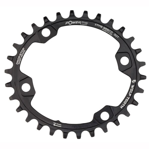 Elliptical Mountain Bike Drop Stop Oval Chainring for Shimano Cranks 30T 96 BCD Wolf Tooth XT M8000 MTB Upgrade your bike with the Wolf Tooth Elliptical Mountain Bike Drop-Stop Chainring. Made in the USA from 7075-T6 aluminum, this chainring features a wide/narrow tooth profile for excellent chain retention. Suitable for various chain types, it is perfect for 1x9 to 1x12 drivetrains. Ensure to use genuine Wolf Tooth Chainring Bolts for optimal performance.