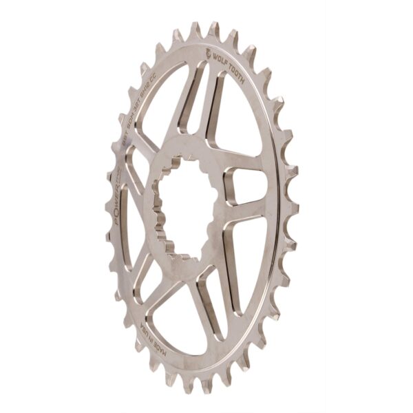 Elliptical Oval MTB Chainring for Cane Creek SRAM Cranks 32t Boost Drop Stop ST PowerTrac Wolf Tooth Upgrade your mountain bike with the Elliptical Direct Mount Oval Chainring by Wolf Tooth. Designed for Shimano 12spd chains, this chainring offers optimal chain retention and durability. Made in the USA from nickel-plated aluminum, it's compatible with Cane Creek and SRAM cranks.