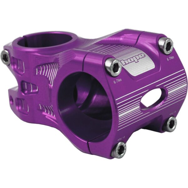 Hope Am Stem Purple 35Mm35Mm Clamp by HOPE 2014 T6 Aluminium Length 35mm Rise 0 degrees Clamp Diameter 31.8mm 35mm Light, stiff, and versatile, the HOPE AM Stem in Purple offers 35mm and 50mm lengths suitable for 31.8mm or 35mm handlebars. Elevate your riding experience with this high-quality stem.