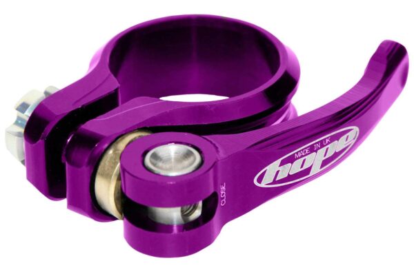 Hope Seat Seatpost Clamp 31.8mm Purple QR HOPE Upgrade to the versatile Hope Seat Seatpost Clamp in Purple. Switch between bolt and QR style easily. CNC-machined aluminum lever for durability.