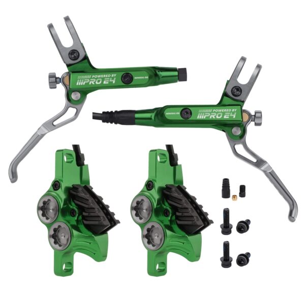 JFOYH E4 MTB Hydraulic Disc Brake Set Cooling Metal Pads Green Front and Rear Enhance your mountain bike with the JFOYH Upgraded E4 MTB Hydraulic Disc Brake Set. Experience great stopping power with 4-piston calipers and cooling metal pads. Enjoy comfortable braking with ceramic bearings and adjustable levers. Ensure perfect hose length and reliable quality with a lifetime warranty.