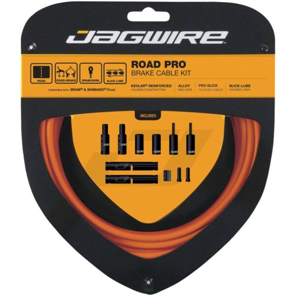 Jagwire JCK207 Pro Road Brake Cable Kit Orange ShimanoSRAM Kevlar Reinforced 5mm Housing Enhance your braking performance with the Jagwire JCK207 Pro Road Brake Cable Kit. Pro-level polished cables with Kevlar reinforced housing for smooth and powerful braking. Compatible with Shimano/SRAM road bikes.