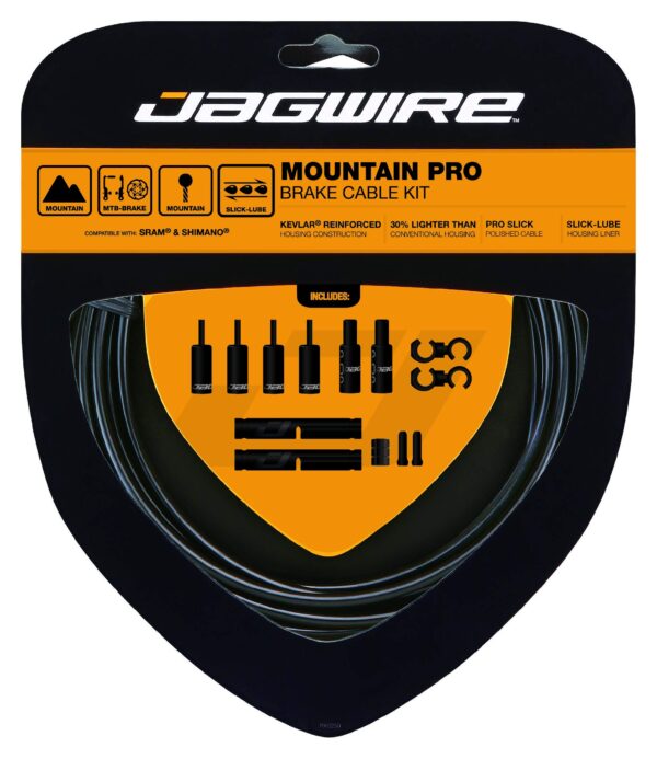 Jagwire Mountain Pro Brake Cable Kit Black Kevlar 5mm Housing 3m Length SRAMShimano Enhance your bike's braking performance with the Jagwire Mountain Pro Brake Cable Kit. Features polished cables, Kevlar-reinforced housing, and Slick-Lube liners for smooth and powerful braking. Compatible with SRAM/Shimano Mountain Bikes.