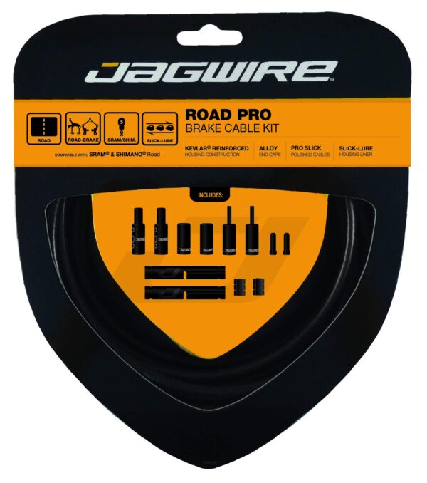 Jagwire Road Pro Complete Brake Cable Kit Stealth Black Jagwire ShimanoSRAM Kevlar reinforced 5mm housing Pro level polished cables Inner Cable Length 1500mm Front 2800mm Rear Enhance your braking performance with the Jagwire Road Pro Brake Kit. Designed to match Jagwire's Pro Shift kits, these polished brake cables with Slick-Lube liners minimize friction. Kevlar reinforced housing ensures smooth and powerful braking. Suitable for SRAM/Shimano Road Bikes.