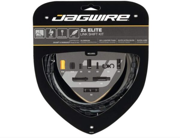 Jagwire Unisex Adult 2X Elite Link Shift Kit Derailleur Cables Black One Size Enhance your bike's performance with the Jagwire Elite Link Shift Kit. Available in 6 colors, 20% lighter than standard shift sleeves, and designed for road or mountain bikes using front and rear derailleurs.