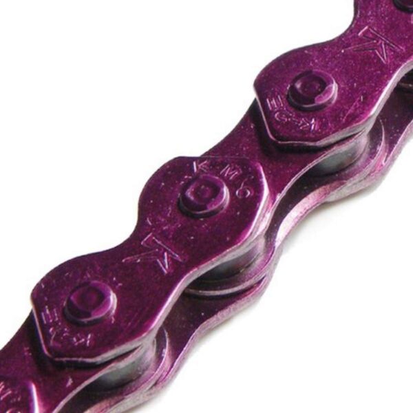 KMC K710 112L Bike Chain Shiny Purple 12 x 18 BMX Freestyle Introducing the KMC K710 112L Bike Chain in Shiny Purple, perfect for BMX and Freestyle riders. Featuring a Special Dynamic Configuration Plate for extra strength, Stretch Proof Mushroomed Pin for durability, and Anti-Drop design.