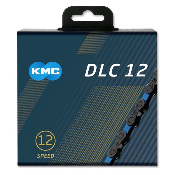 KMCKmc DLC 12 Chain 12 x 11128 SRAM Compatible BlueBlack Enhance your bike's performance with the KMCKmc DLC 12 Chain. This 1/2' x 11/128' chain is SRAM 12-speed drive train compatible. Featuring a non-directional design, Diamond Like Coating, and hollow pin design for durability. Shift with precision thanks to the high precision chamfering. Get yours now in striking Black/Blue!