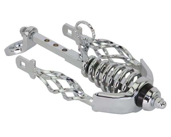 Lowrider Bike Spring Fork Slammer WCage Twisted Extended Crown Chrome Size 165mm x 96mm Enhance your decor with the Lowrider Bike Spring Fork Slammer in Chrome. Made of steel, this decorative piece exudes style and uniqueness.