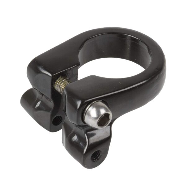 M Wave Aluminum Seat Clamp Black O31.8mm 36g Lightweight Upgrade your bike with the M-Wave Aluminum Seat Clamp in black. Weighing only 36g and made of durable aluminum, this clamp features threads for luggage carrier fixation. Perfect for securing your luggage rack with ease.