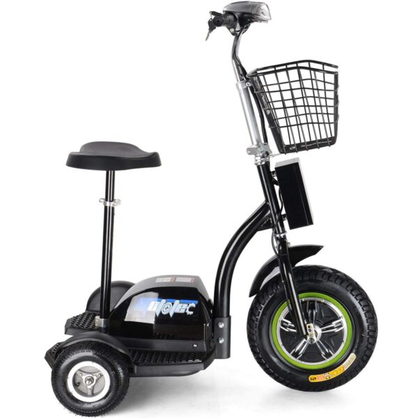 MotoTec Electric Trike 48V 500W MotoTec 16 Front Tire 22 MPH 20 25 Mile Range The MotoTec Electric Trike 48V 500W is a versatile three-wheel scooter suitable for sitting or standing. With a 500W motor, it reaches speeds of 22 MPH and covers a range of 20-25 miles per charge. Perfect for events, security, or leisure, it features a comfortable seat, front LED light, and a carrying basket.