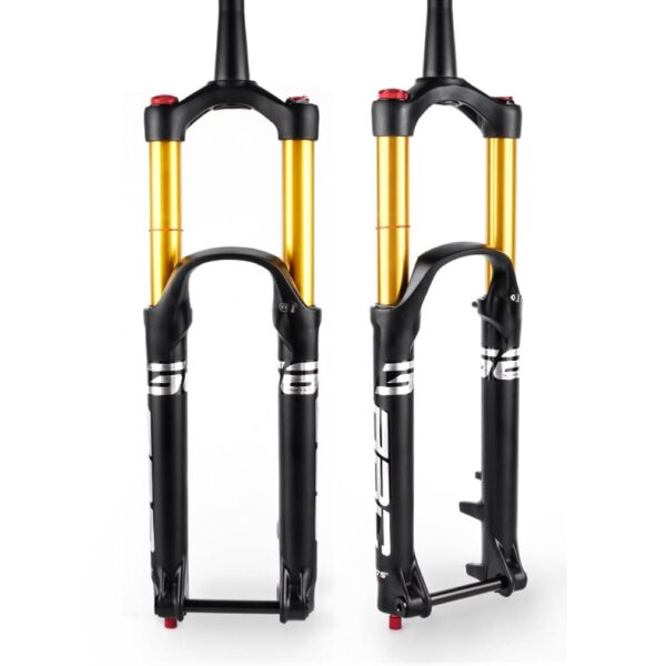 Mountain Bike Suspension Fork Downhill 2627.529 Inch 150mm Travel Air Fork Rebound Adjust Thru AxleBlack Gold 26 High-quality Mountain Bike Suspension Fork for Downhill rides. Features 150mm Travel, Rebound Adjustment, Thru Axle, and Disc Brake compatibility. Enjoy ultimate control and performance on any terrain.