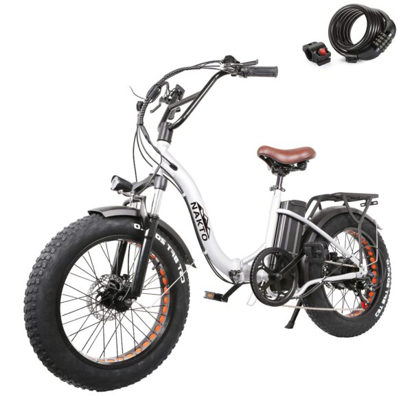 NAKTO Foldable Electric Bike 20 x 4.0 Fat Tire 350500W Motor 35MPH 48V Battery Shimano 6 Speed Experience the NAKTO Electric Bike with 48 miles range, 25MPH top speed, fat tires, and shock absorber. Foldable design for convenience.