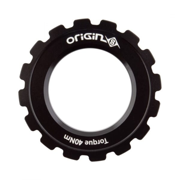 Origin8 Brake Part Disc Lockring Centerlock Black Lockring for CenterLock disc brake rotors. Compatible with Quick Release & Thru-Axle hubs. CNC machined AL6061-T6 alloy. Fits 44mm - 16 notch sockets.