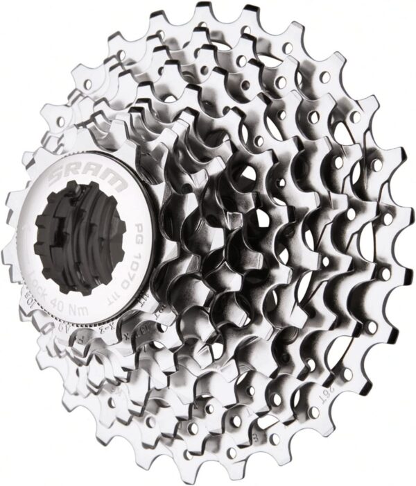 PG1070 10 Speed Cassette SRAM 11 25T Aluminum Spider Compatible Chains Enhance your ride with the PG1070 10-Speed Cassette by SRAM. Featuring a semi-spider design and aluminum spider, this cassette is compatible with all 10-speed chains. Optimize your performance with SRAM chains for a smooth and efficient ride. With a heat-treated steel sprocket and 7000 series alloy lockring, this cassette offers durability and reliability. Weighing at 210g (11-23), it's perfect for riders seeking high performance and style in their gear setup.