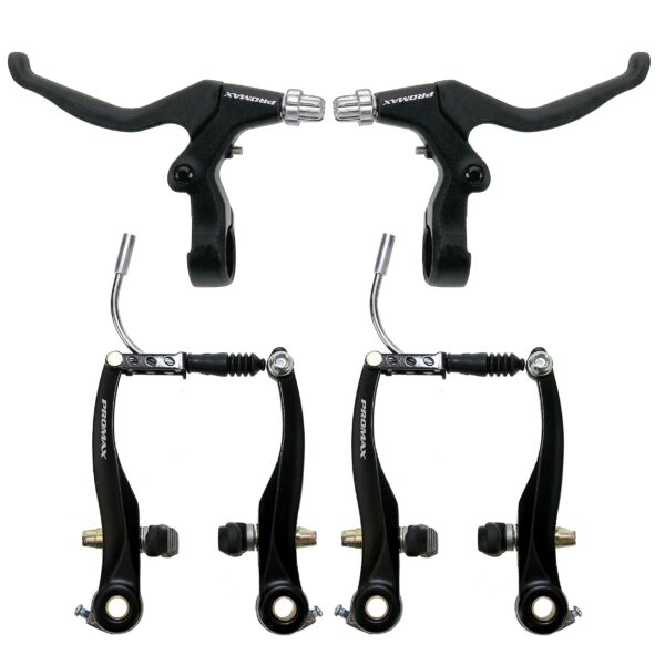 Promax V Brake Set Black Alloy 110mm Arms V Brake Cantilever Adjustment Screw Enhance your bike's braking performance with the Promax V-Brake Set. This set includes front and rear alloy V-Brakes with adjustable screws for precise control. Upgrade your ride with Promax quality.