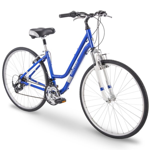 ROYCE UNION RMY 17 Pearl Blue Hybrid Bike Premium Comfort Easy Assembly Efficient performance, premium comfort, easy assembly. Ideal for town rides, commuting & exercise. Quick assembly, durable aluminum frame, comfortable saddle & pedals. Front suspension fork, Shimano drivetrain, alloy brakes for smooth stopping power. All-terrain tires for enhanced rolling momentum.