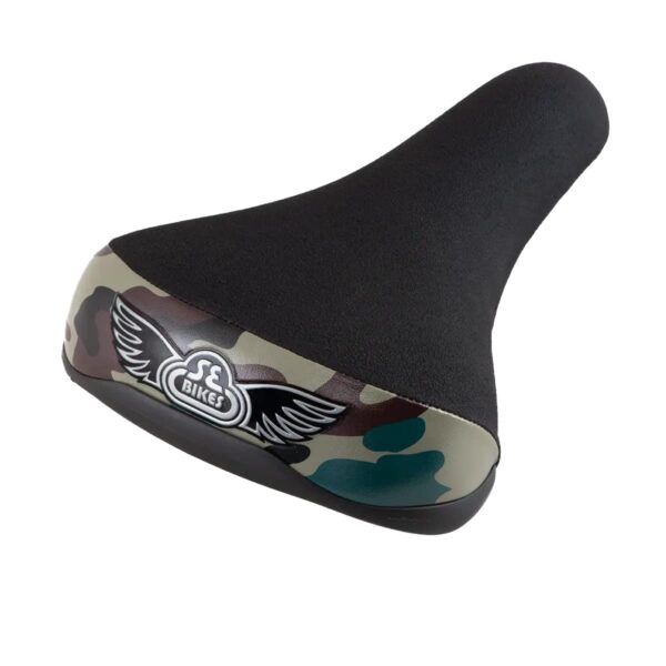 SE BIKES FLYER SADDLE CAMO ARMY SE Racing Comfortable Padded Seat 10 14 X 6 12 Take a cruise in comfort with the SE BIKES FLYER SADDLE CAMO ARMY from SE Racing. This super comfortable padded seat features a durable fabric cover and protective bumpers. With 8mm chrome plated steel rails and a custom SE bottle opener brace, this seat is perfect for any ride. Approx. dimensions: 10 1/4' X 6 1/2'.