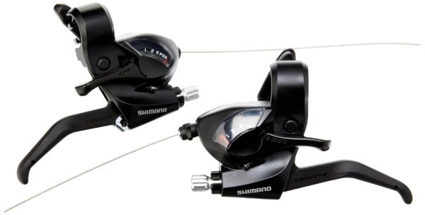 SHIMANO ST EF41 EZ Fire Plus V Brake Set 3x6 Speed Black Thermoplastic Unlock seamless gear changes with SHIMANO ST-EF41 EZ Fire Plus V-Brake Set. This 6-speed shifter features ergonomic triggers for precise gear selection. Includes v-brake lever, gear cables, and fine-tuning barrel adjuster.