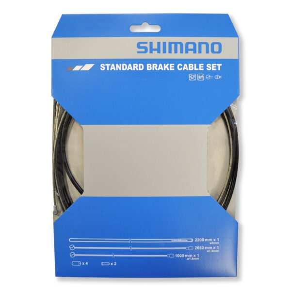 SHIMANO Universal Brake Cable Set MTB Road Bikes Stainless Steel Wires 5mm Housing Complete SHIMANO brake cable set for mountain or road bikes. Stainless steel inner wires ensure durability. Includes 5mm cable housing, 2 steel cables, ferrules, and tips.