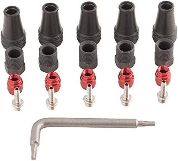 SRAM RedForce AXS Disc Brake Fitting Kit 5 Threaded Hose Barbs 5 Nuts 5 Boots Red Olives T8 Enhance your braking system with the SRAM Red/Force AXS Disc Brake Fitting Kit. Compatible with Red eTap AXS and Force eTap AXS 2-piece hydraulic disc brake calipers.