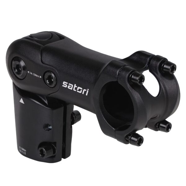 Satori UP2 E Bike Bicycle Riser Extension Adjustable Handlebar Stem 1 18 x 31.8mm Heavy Duty For E Bike Up to 45 kmh 3D Forged Alloy Upgrade your E-Bike with the Satori UP2+ Adjustable Handlebar Stem. Designed for top speeds of 45 km/h, this heavy-duty stem offers internal cable routing, wide adjustability, and a sturdy 3D forged alloy construction. Order now with a 5-year warranty!