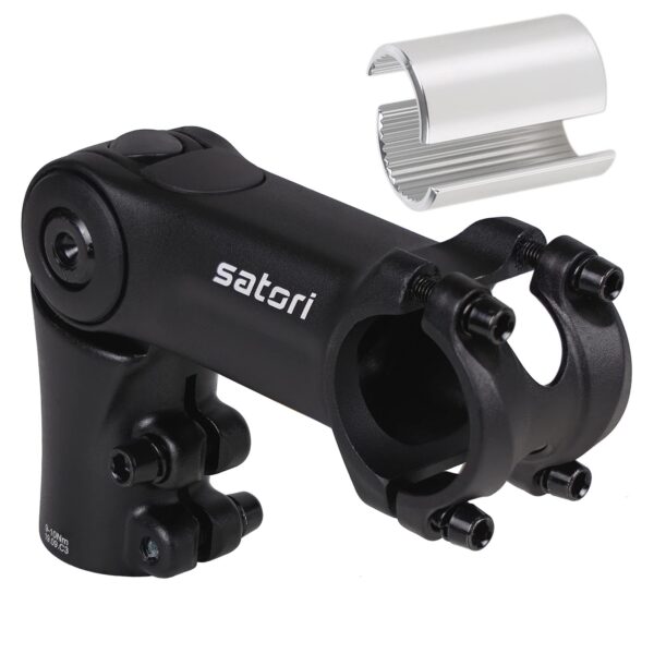 Satori UP3 Bike Bicycle Riser Extension Adjustable Handlebar Stem 90mm x 31.8mm or 25.4mm with Included Shim Great for Mountain Bike Road Bike 3D Forged Alloy Enhance your cycling experience with the Satori UP3 Bike Bicycle Riser Extension Adjustable Handlebar Stem. Fully adjustable from 0º to 90º with a stem extension of 90mm, this professional-level stem offers comfort and versatility. Compatible with 1-1/8' = 28.6mm fork steerer only and handlebar clamp size of 31.8mm or 25.4mm with shim. Made of 3D forged alloy for strength and lightness, achieving your perfect cycling position is easy with its adjustment bolt. Order now and ride worry-free with a 5-year warranty.