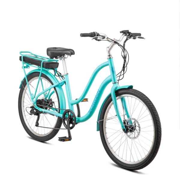 Schwinn Mendocino Adult Hybrid Electric Cruiser Bike Lightweight Aluminum eBike Frame 26 Inch Wheels Pedal Assist Throttle Option 6 Speed Drivetrain Enjoy an effortless ride on the Schwinn Mendocino e-bikes. Perfect for neighborhood rides, this bike features a 250W rear hub motor for a gentle assist. Select your level of assist with the thumb pad for extra power behind each pedal. No more worrying about long distances or steep hills. Includes Shimano 6-speed drivetrain and mechanical disc brakes.