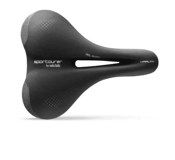 Selle Italia Kaalam Gel Flow Saddle Black Wide Ergonomic Hi Viz Insert Gel Padding 260mm 470g Cycling Size L2 The Selle Italia Kaalam Gel Flow Saddle in black is designed for urban commuters seeking comfort and visibility. Featuring gel padding, a center cutout, and a Hi-Viz cover with reflector system for safety in low-light conditions, this saddle is perfect for cyclists on the move.