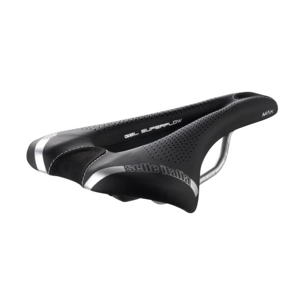 Selle Italia Max SLR Gel SuperFlow Road Bike Saddle Comfortable MTB and Road Bike Seat 275 x 145mm 280g Black Conquer gravel tours, trail rides, and tarmac sprints with the Selle Italia Max SLR Gel Superflow Saddle. Elevate comfort with more padding and shock absorption for rough terrains. Relieve perineal pressure and reduce road shocks. Lightweight, durable, and scientifically designed for your physical shape.