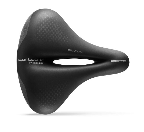 Selle Italia Saddle Black Zera Comfort Gel Superflow Unisex 670g Upgrade your cycling comfort with the Selle Italia ZETA Comfort Gel saddle. Designed for urban commuters, this unisex saddle features gel padding and a center cutout for pressure relief. Stay visible and safe with its high-visibility inserts and reflector system.