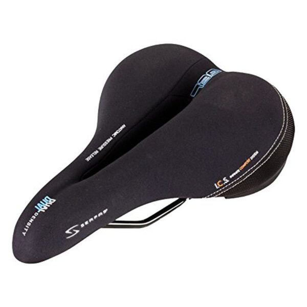 Serfas Dual Density Womens Bicycle Saddle with Cutout Dual Density Base Gel Top Layer RX Deep Groove Designs Experience ultimate comfort on your ride with the Serfas Dual Density Women's Bicycle Saddle. Patented I.C.S. technology and dual density base provide unmatched support and frictionless comfort. Ride with confidence and protection with the Deep Groove design.