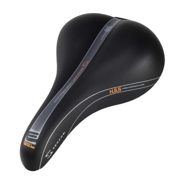 Serfas E Gel Dual Density Mens Bicycle Saddle Waterproof Soft Saddle 11.0 x 6.7 inches Experience the ultimate ride with the Serfas E-Gel Dual Density Men's Bicycle Saddle. This comfortable and waterproof saddle is perfect for 1-2 hours of cycling. Featuring an ergonomic design to reduce local pain, dual density base, and ICS Technology for supported comfort. Size: 11.0 x 6.7 inches (279 x 171 mm), Weight: 19.5 oz (575 g).