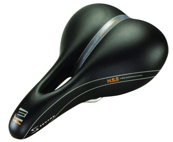 Serfas E Gel Hybrid Bicycle Saddle with Cut Out Highly Water Resistant Vinyl Top Reactive Gel Ergonomic Design Dual Density Technology 22.2 oz Patented Dual Density Base ICS Technology Frictionless Comfort Experience the ultimate ride with the Serfas E-Gel Hybrid Bicycle Saddle featuring a highly water-resistant vinyl top, reactive gel for unparalleled flexibility, ergonomic design for pain reduction, and dual density technology. This saddle also includes a patented Dual Density Base, ICS Technology for supported comfort, and a deep groove design for soft tissue protection.