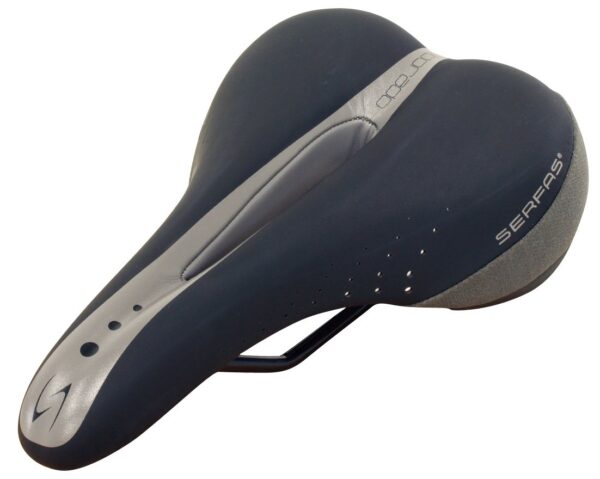 Serfas Mens Dorado Chromoly Saddle 90 Day Comfort Guarantee I.C.S. Infinite Comfort System RX Deep Groove Designs Dual Density Base Technology Experience ultimate comfort with the Serfas Men's Dorado Chromoly Saddle. Featuring a Sport Design Cutout Base for Soft Tissue Relief and Dual Density Base with Chromoly Rails, this saddle ensures a soft feel for your ride. Rider-tested and approved, it's the perfect choice for your cycling adventures.