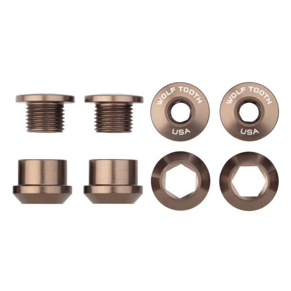 Set of 4 Espresso Colored Chainring BoltsNuts for Single Ring Mountain Bike SRAM Shimano 1X Drivetrains Upgrade your mountain bike with this set of 4 Espresso Colored Chainring Bolts+Nuts designed for Single-Ring SRAM and Shimano (1X) Drivetrains. Compatible with Wolf Tooth Drop-Stop chainrings and other single chainring brands. Made of lightweight and durable 7075-T6 aluminum.