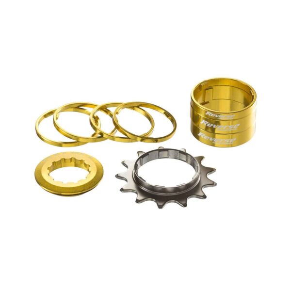 Single Speed Kit 13T Gold Brand Reverse Size 13T Features CrMo Cog Hyperglide Spline Aluminum Spacers Easily convert your HG freehub wheel to a single speed with Reverse Single Speed Kit 13T. Includes CrMo cog, 7mm thick Hyperglide-spline, and aluminum spacers for precise chain line adjustment.