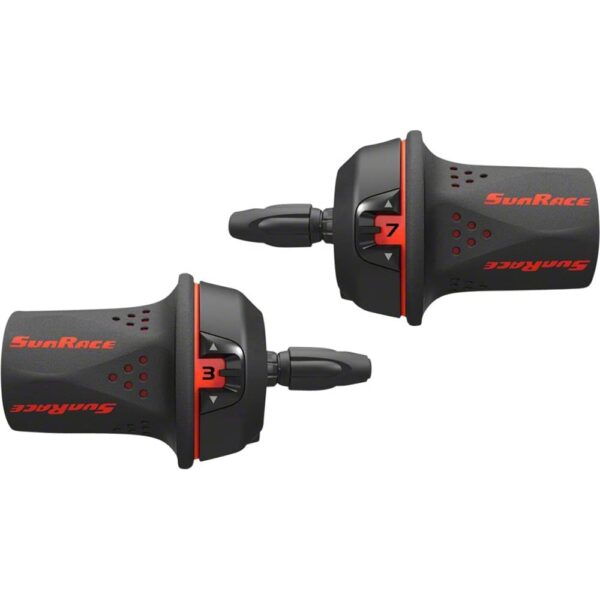 SunRace M21 7 Speed Rear 3 Speed Front Twist Shift Set Red Upgrade your cycling experience with the SunRace M21 Twist Shift Set. Enjoy precise gear shifts with its cable adjuster and stay informed with the gear indicator. This set includes TRP grip and galvanized cable for smooth operation.